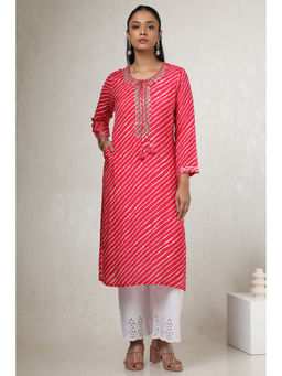 Soch - Women Red Viscose Muslin Leheriya with Beads and Stones Kurta