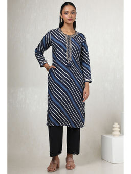 Soch - Women Navy Blue Viscose Muslin Leheriya with Beads and Stones Kurta