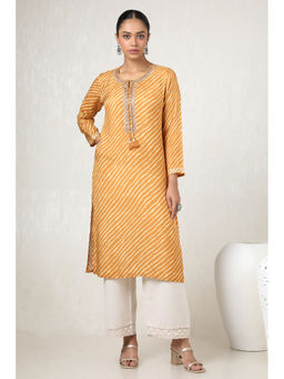Soch - Women Mustard Viscose Muslin Leheriya Kurta with Beads and Stones