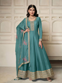 Seerat - Turquoise Blue Embroidery Silk Anarkali Kurta with Dupatta (Set of 2)