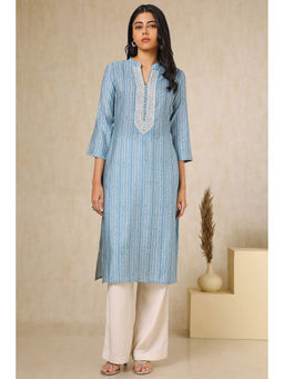 Soch - Women Blue Chanderi Printed with Thread Work Kurta