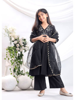 Misbis - Black Embroidered Kurta and Palazzo with Dupatta (Set of 3)