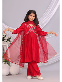Misbis - Red Embroidered Kurta and Palazzo with Dupatta (Set of 3)