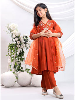 Misbis - Rust Embroidered Kurta and Palazzo with Dupatta (Set of 3)