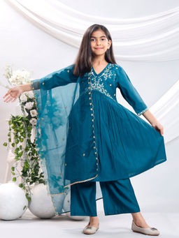 Misbis - Blue Embroidered Kurta and Palazzo with Dupatta (Set of 3)