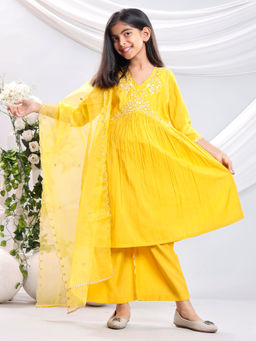 Misbis - Yellow Embroidered Kurta and Palazzo with Dupatta (Set of 3)