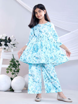 Misbis - Aqua Floral Kurta and Palazzo (Set of 2)