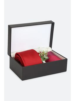 Louis Philippe - Men Red Solid Tie Pocket Square & Lapel Pin Solid Plain