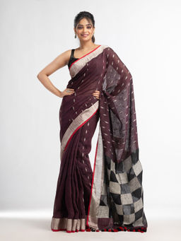 Angoshobha - Coffee Brown Buti with Box Pallu In Silver Zari Saree with Unstitched Blouse
