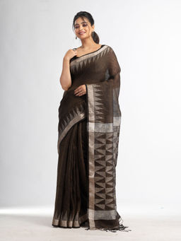 Angoshobha - Coffee Brown with all Pallu Zari Buti In Temple Border Linen Saree with Unstitched Blouse