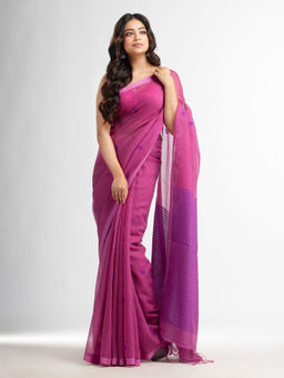 Angoshobha - Magenta Resham Cotton Kota Check Buti Jacquard Pallu Saree with Unstitched Blouse