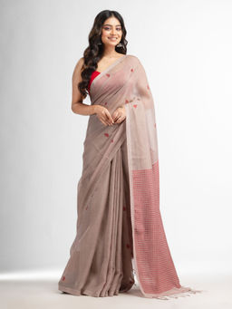 Angoshobha - Beige Resham Cotton Kota Check Buti Jacquard Pallu Saree with Unstitched Blouse