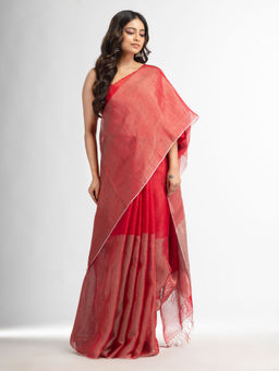 Angoshobha - Red Tissue Linen Multi Colour Pallu Handwoven Saree with Unstitched Blouse