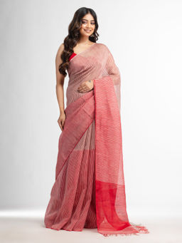 Angoshobha - Red Check with Red Pallu Handwoven Tissue Linen Saree with Unstitched Blouse