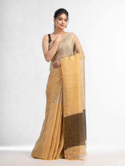 Angoshobha - Cream all Body Type Check with Black Pallu Tissue Linen Saree with Unstitched Blouse