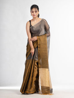 Angoshobha - Grey Tissue Linen Multi Colour Pallu Handwoven Saree with Unstitched Blouse