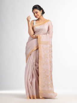 Angoshobha - Beige Linen Tissue Pallu Jamdani Temple Border Handwoven Saree with Unstitched Blouse