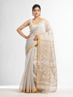 Angoshobha - off White Linen Tissue Pallu Jamdani Temple Border Handwoven Saree with Unstitched Blouse