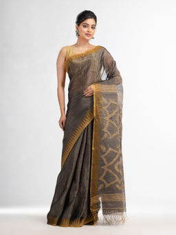 Angoshobha - Grey Linen Tissue Pallu Jamdani Temple Border Handwoven Saree with Unstitched Blouse