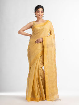 Angoshobha - Muga Linen Tissue Pallu Jamdani Temple Border Handwoven Saree with Unstitched Blouse