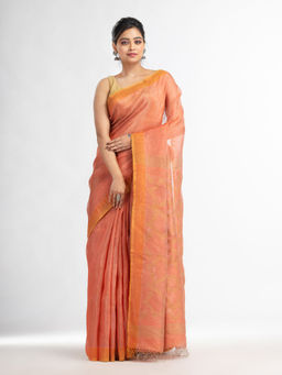 Angoshobha - Peach Linen Tissue Pallu Jamdani Temple Border Handwoven Saree with Unstitched Blouse