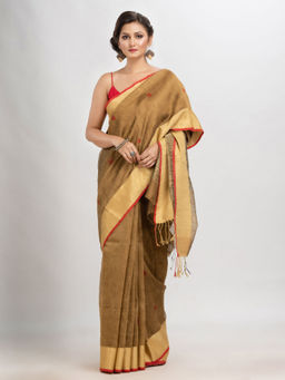 Angoshobha - Muga Silk Blend Linen with Solid Border Jamdani Saree with Unstitched Blouse