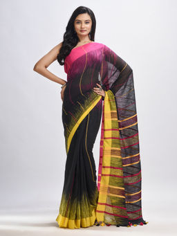 Angoshobha - Black Cotton Solid Broder In Multi Colour Pallu Handwoven Saree with Unstitched Blouse
