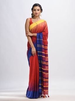 Angoshobha - Red Cotton Solid Broder In Multi Colour Pallu Handwoven Saree with Unstitched Blouse