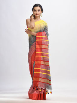 Angoshobha - Grey Cotton Solid Broder In Multi Colour Pallu Handwoven Saree with Unstitched Blouse