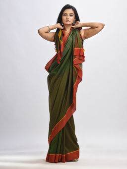 Angoshobha - Olive Green Cotton with Red Border Handwoven Jamdani Saree with Unstitched Blouse
