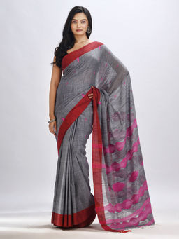 Angoshobha - Grey Cotton Temple Broder Handwoven Jamdani Saree with Unstitched Blouse