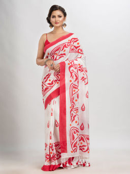 Angoshobha - White Cotton Red Border Printed Saree with Unstitched Blouse
