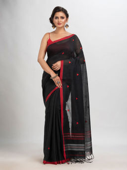 Angoshobha - Black Cotton with Jacquard Border Jamdani Saree with Unstitched Blouse
