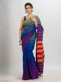 Angoshobha - Navy Blue Cotton Pallu with Multi Colour Stripe Handloom Saree with Unstitched Blouse