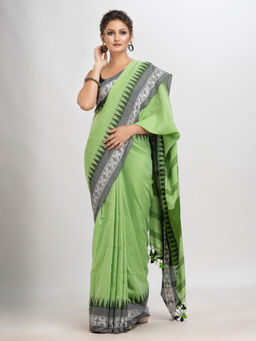 Angoshobha - Light Green Cotton Jacquard Border with Pallu Handloom Saree with Unstitched Blouse