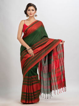 Angoshobha - Bottle Green Body Red Border Begampuri Organic Cotton Saree with Unstitched Blouse