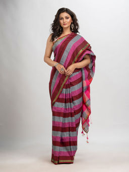 Angoshobha - Magenta Cotton Multi Colour Handloom Saree with Unstitched Blouse