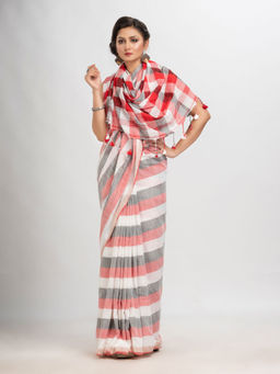 Angoshobha - White Cotton Multi Colour Handloom Saree with Unstitched Blouse