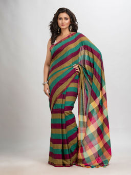 Angoshobha - Green Cotton Multi Colour Handloom Saree with Unstitched Blouse