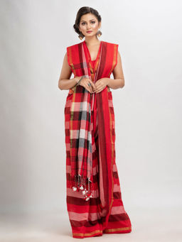 Angoshobha - Red Cotton Multi Colour Handloom Saree with Unstitched Blouse