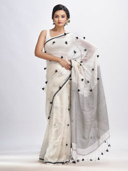 Angoshobha - White Linen all Body Pom with Pallu Stipe Handwoven Saree with Unstitched Blouse