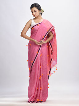 Angoshobha - Livid Pink Linen all Body Pom with Pallu Stipe Handwoven Saree with Unstitched Blouse