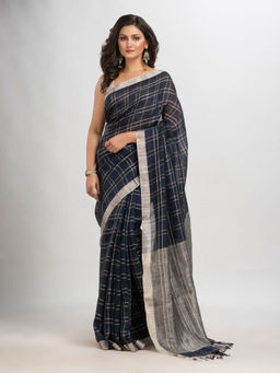 Angoshobha - Navy Blue Linen with Silver Zari Pallu Handloom Saree with Unstitched Blouse