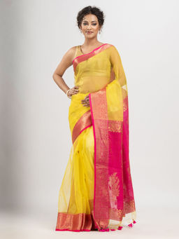 Angoshobha - Bright Yellow Art Silk with Pallu Flower Motives Banarasi Saree with Unstitched Blouse