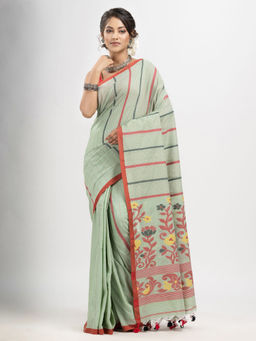 Angoshobha - Pastel Green Cotton Handwoven Jamdani Saree with Unstitched Blouse