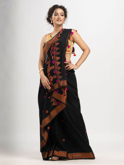 Angoshobha - Black Cotton Buti with Diamond Pallu Handloom Jacquard Saree with Unstitched Blouse