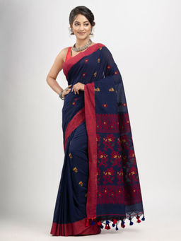 Angoshobha - Navy Blue Cotton Buti with Kalka Pallu and Solid Jacquard Saree with Unstitched Blouse