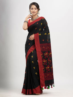 Angoshobha - Black Cotton Buti with Kalka Pallu and Solid Jacquard Saree with Unstitched Blouse