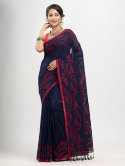 Angoshobha - Navy Blue Cotton Handwoven Jacquard Saree with Unstitched Blouse