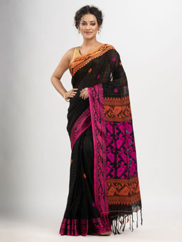 Angoshobha - Black Cotton with Pallu Jacquard Broder Handloom Saree with Unstitched Blouse